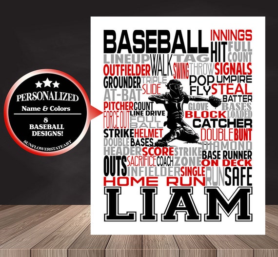 BASEBALL Gift, Baseball Art, Baseball Gift Ideas, Pitcher, Catcher, Batter, Typography Personalized, Baseball Team Gift, Word Art Custom