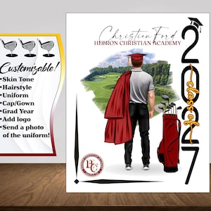 May include: A graduation-themed illustration featuring a graduate with a red cap and gown, standing on a golf course. The image includes the text "Christian Ford, Hebron Christian Academy, Class of 2027." A customizable options list is on the left.