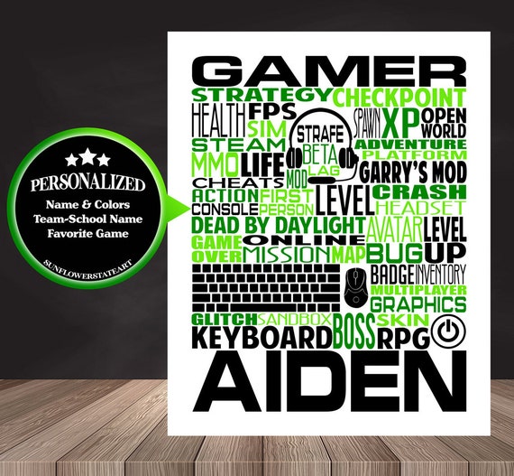 Gamer Typography, Personalized Gamer Poster, Gift For Gamer, Video Game Gift Ideas, Video Game Team Gift, Gift for Video Gamer, Video Gamer