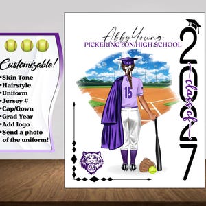 May include: A softball-themed graduation design featuring a softball player in a purple uniform, holding a bat. The design includes the text "Abby Young, Pickerington High School, Class of 2017." A customizable design with options for skin tone, hairstyle, and uniform.