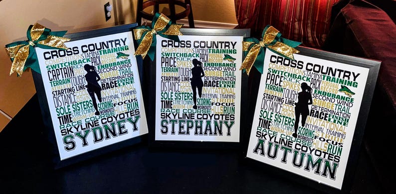 three cross country cards are sitting on a table