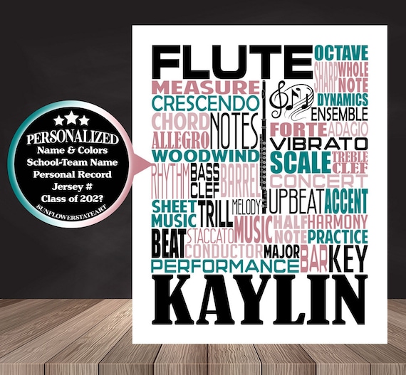 Personalized Flute Poster, Flute Typography, Flute Player Gift, Flute Art, Marching Band, Gift for Flute Player, School Band Gift