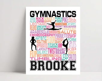 May include: A white rectangular poster featuring the word GYMNASTICS in large black letters at the top and the name BROOKE in large black letters at the bottom. The center contains colorful gymnastics-themed words and three black gymnast silhouettes.