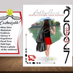 May include: A personalized graduation poster featuring a student in a black cap and gown holding a tennis racket on a court. The text reads Ashley Harris, North Central High School, and Class of 2027. A red tiger mascot logo is in the corner.