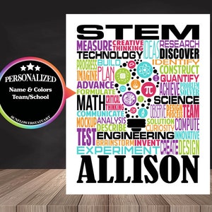 May include: A colorful STEM word art print with a lightbulb design. The words include "STEM", "Technology", "Science", "Engineering", "Math", "Research", "Discover", "Create", "Design", "Solve", "Team", "Inven", "Build", "Imagine", "Plan", "Advance", "Formulate", "Communicate", "Analyze", "Describe", "Test", "Observe", "Process", "Solution", "Curiosity", "Compute", "Innovative", "Problem", "Quantify", "Construct", "Identify", "Measure", "Critical Thinking", "Problem Solver", and "Allison".