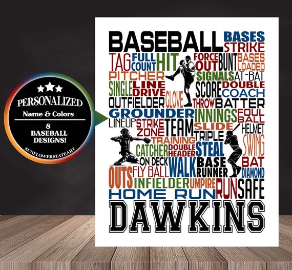 Baseball Art, Baseball, Baseball Gift Ideas, Pitcher, Catcher, Batter, Typography Personalized, Baseball Team Gift, Word Art Custom