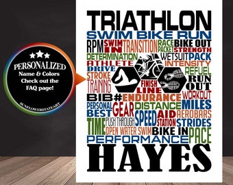Personalized Triathlon Poster, Triathlon Typography, Triathlon Gift, Gift for Triathlete, Gift for Triathlete, Swim Bike Run