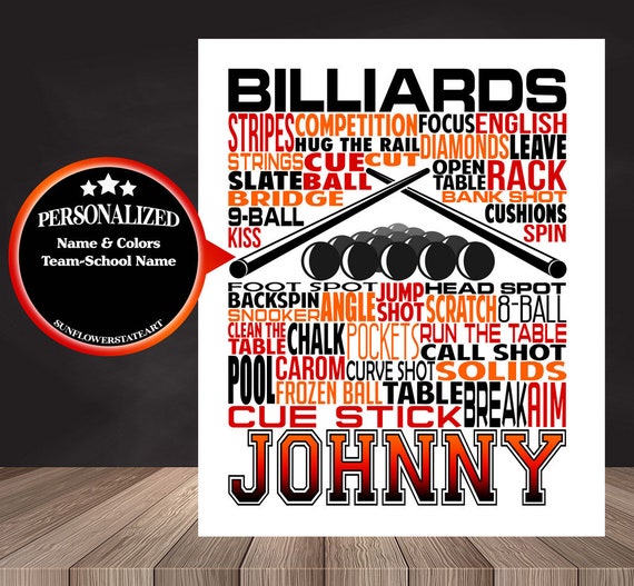 Personalized Billiards Poster, Billiards Gift Ideas, Billiards Gift, Pool Player Gift, Gift for Pool Player, Billiards Typography