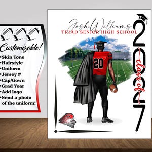 May include: Customizable graduation portrait featuring a football player in a red jersey with the number 20. The image includes the text "Josh Williams, Triad Senior High School, Class of 2017." Options include skin tone, hairstyle, uniform, jersey number, cap/gown, grad year, and logo.
