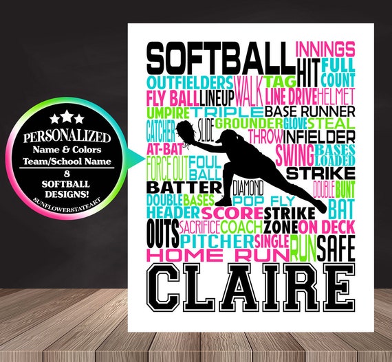 Personalized Softball Print, Softball Word Art, Softball Gift Ideas, Gift For Softball Player, Softball Wall Art, Softball Team Gift