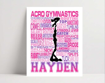 May include: A white poster featuring a black silhouette of three gymnasts in a stacked acro pose. The background is filled with pink and purple text including words like ACRO GYMNASTICS, CHOREOGRAPHY, ROUTINE, and the name HAYDEN at the bottom.