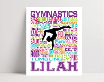 May include: A rectangular wall art print featuring a black silhouette of a gymnast performing a handstand. The background is composed of colorful words related to gymnastics, including "GYMNASTICS" at the top and the name "LILAH" at the bottom.