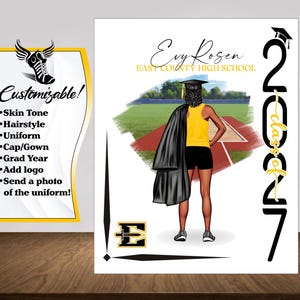 May include: A digital illustration of a student standing on a track, wearing a yellow tank top and black shorts, holding a black graduation gown. The text reads Evy Rosen, East County High School, and 2027 class of. A customizable list is on the left.
