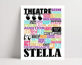 May include: A white poster featuring a word cloud of theater-related terms in various colors and fonts, including the name STELLA in large black letters at the bottom. The design includes icons of stage lights, comedy and tragedy masks, and a ticket.