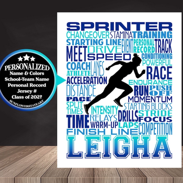 Sprinter Poster, Personalized Runner Poster, Runner Typography Print, Track and Field Poster, Track and Field Team Gift, Gift for Runner