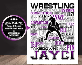 Op de afbeelding: Een printbaar ontwerp met een worstelthema met een vrouwelijke worstelaar in silhouet met het woord "WRESTLING" in grote letters en een lijst met worsteltermen in kleinere letters. Het ontwerp is aanpasbaar met een naam en een team- of schoolnaam.