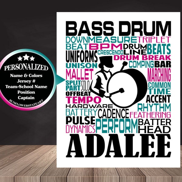 Bass Drum Typography, Personalized Bass Drummer Poster, Gift for Drummers, Percussion Art, Marching Band Bass Drum, Marching Band
