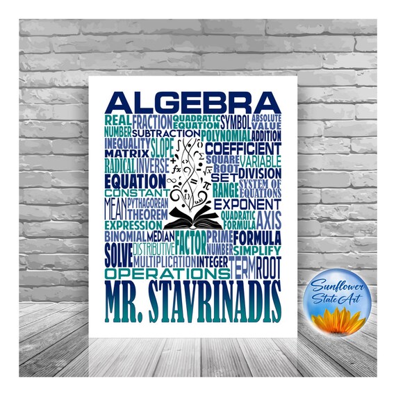 Personalized Algebra Teacher Poster, Algebra Typography, Algebra Teacher Gift, Gift for Algebra Teacher, Algebra Gift, Math Teacher gift