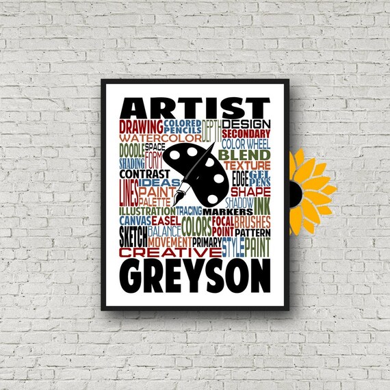 Personalized Artist Typography, Artist Gift, Gift for Artist, Gift for Painter, Art Teacher Gift, Gift for Artistic Girl Boy Teen Customized