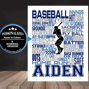 May include: A baseball-themed word art print with the name Aiden in large blue letters. The print features a silhouette of a baseball player and words related to baseball, such as "strike", "home run", and "batter".