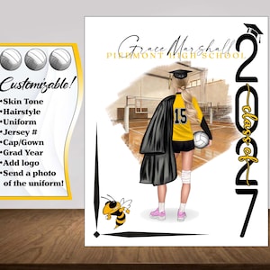 May include: A digital illustration of a volleyball player wearing a yellow jersey with number 15, black shorts, and a graduation cap and gown. The text reads Grace Marshall, Piedmont High School, and Class of 2027. A yellow and black bee mascot is included.