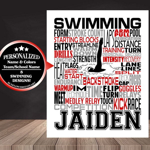 Swimmer Typography, Personalized Swimmer Poster,  Backstroke Swimmer, Gift for Swimmer, Swimming Team Gift, Swimmer Wall Art, Swimming Print