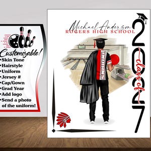 May include: Customizable graduation design featuring a graduate in a bowling alley, holding a red bowling ball. The design includes the text "Michael Anderson, Rogers High School, Class of 2017" and a list of customization options.