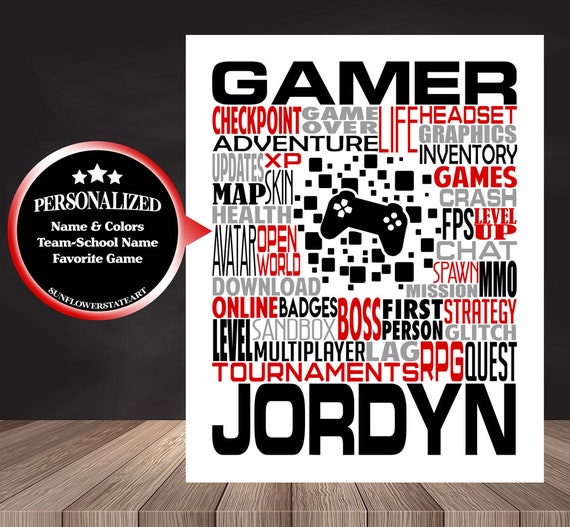 Personalized Gamer Poster, Gamer Typography, Gift For Gamer, Video Game Gift Ideas, Video Game Team Gift, Gift for Video Gamer, Video Gamer