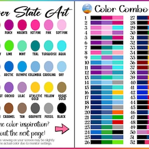 K&ouml;nnte beinhalten: Eine Tabelle mit Farbmustern und Farbkombinationen. Die Tabelle ist mit "Sunflower State Art" und "Color Combo Ideas" betitelt. Die Farbmuster sind mit Namen wie "Burgundy", "Maroon", "Red", "Punch", "Magenta", "Hot Pink", "Pink", "Soft Pink", "Dark Green", "Emerald", "Kelly", "Lime", "Mint", "Teal", "Turquoise", "Aqua", "Navy", "Denim", "Royal", "Arctic", "Olympic", "Columbia", "Carolina", "Sky", "Grape", "Violet", "Amethyst", "Orchid", "Lilac", "Athletic Gold", "Yellow", "Vegas Gold", "Orange", "Coral", "Brown", "Caramel", "Tan", "Graphite", "Fossil" und "Black" beschriftet. Die Farbkombinationen sind von 1 bis 52 nummeriert.
