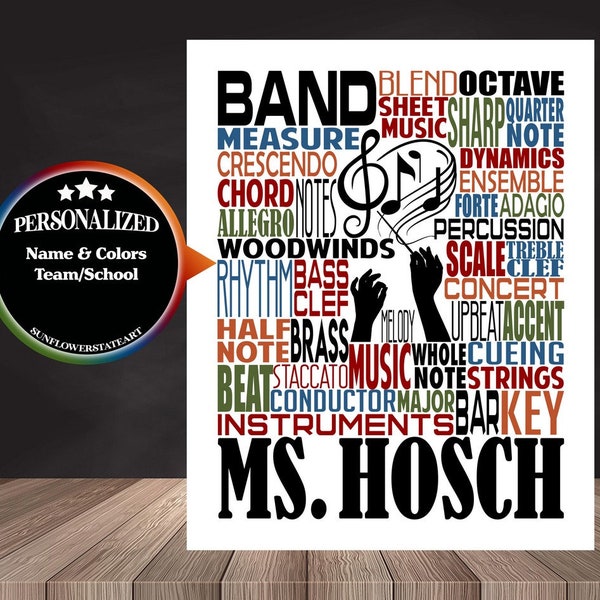 Gift for Music Teacher, Personalized Band Teacher Poster, Band Typography, Band Teacher Gift, Band Instructor, Conductor Gift