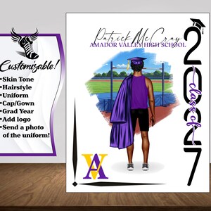May include: A customizable graduation design featuring a person in a purple tank top, black shorts, and a purple graduation gown. The design includes the text "Patrick McCray, Amador Valley High School" and "Class of 2027". The design is on a white background.