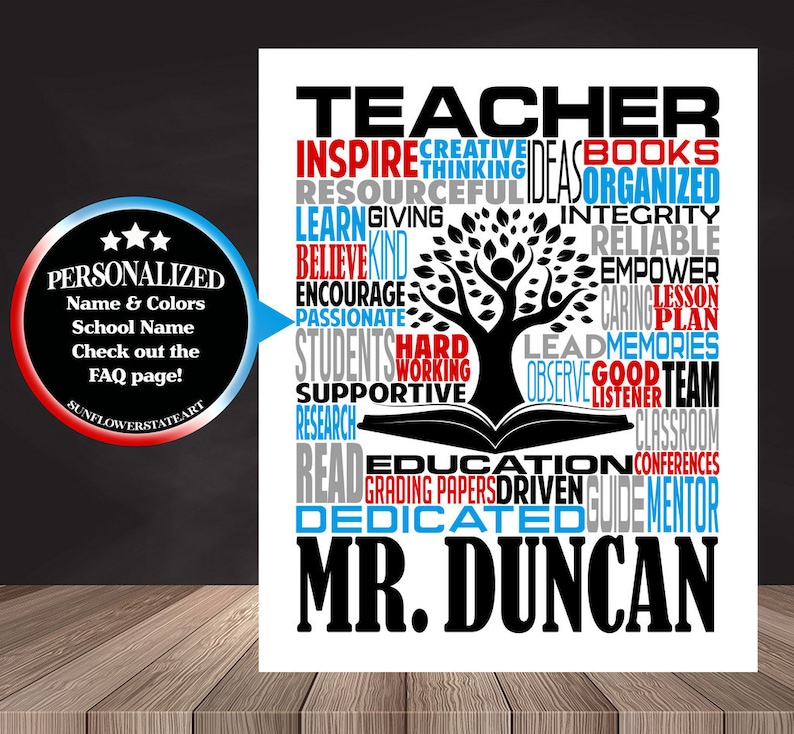 May include: A black and white word cloud design with the word "TEACHER" in large letters at the top. The word cloud is shaped like a tree with a book as the trunk. The words in the cloud are related to teaching, such as "inspire", "creative", "ideas", "books", "resourceful", "organized", "learn", "giving", "integrity", "reliable", "empower", "caring", "lesson", "plan", "lead", "memories", "good", "team", "observe", "listener", "classroom", "conferences", "guide", "mentor", "dedicated", "education", "grading", "papers", "driven", "read", "research", "supportive", "working", "hard", "students", "passionate", "encourage", "believe", "kind". The word cloud is on a white background. The text "MR. DUNCAN" is at the bottom of the design.