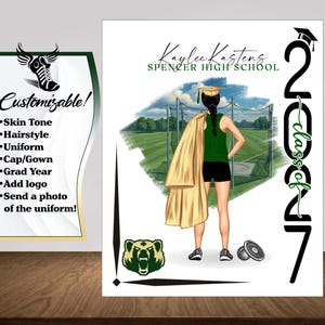 May include: A digital illustration of a student in a green tank top and black shorts standing on a track field, holding a gold graduation gown. The text reads Kaylee Kastens, Spencer High School, and Class of 2027. A bear mascot logo is visible.