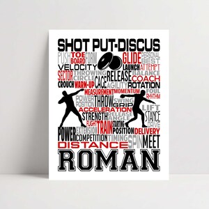 May include: A white poster featuring black and red typography related to shot put and discus athletics. It includes silhouettes of two athletes, a discus icon, and the name ROMAN in large block letters at the bottom, surrounded by various sport-related words.