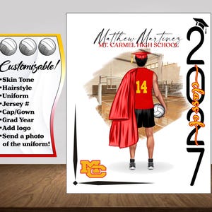May include: Customizable volleyball graduation design featuring a person in a red jersey with the number 14, holding a volleyball. The design includes the text "Matthew Martinez, Mt. Carmel High School, Class of 2027". The design is customizable with skin tone, hairstyle, uniform, jersey number, cap/gown, grad year, and logo.