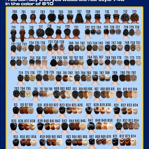May include: A chart displaying various hairstyles, each numbered for selection. The text at the top instructs users on customization options, including lightening or darkening the hair and specifying a color. The image is on a blue background.