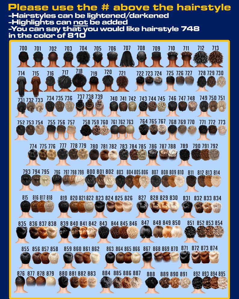 May include: A chart displaying various hairstyles, each numbered for selection. The text at the top instructs users on customization options, including lightening or darkening the hair and specifying a color. The image is on a blue background.