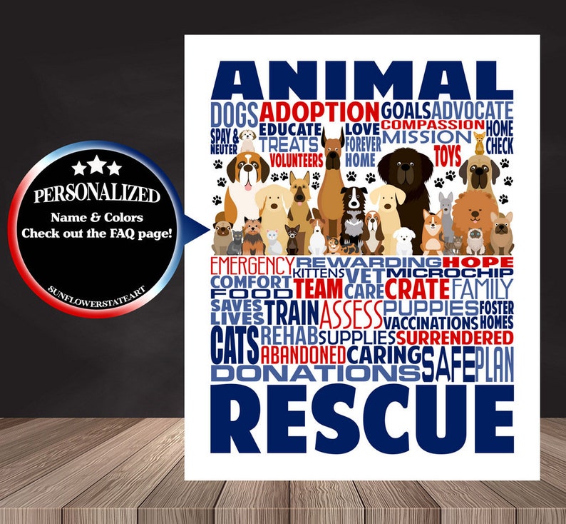 May include: A white background with a blue and red word cloud that says "Animal Rescue". The word cloud is surrounded by illustrations of dogs and cats. The text "Personalized Name & Colors Check out the FAQ page!" is in a star-shaped banner at the top left.