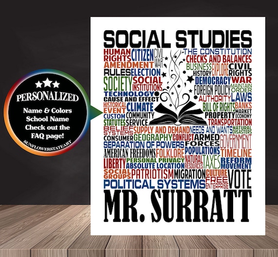 Social Studies Typography, Personalized Social Studies Teacher Poster, Social Studies Teacher Gift, Gift for Social Studies Teacher