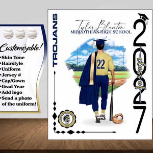 May include: A customizable baseball-themed graduation design featuring a graduate in a baseball uniform with the number 22. The design includes the text "Tyler Blanton, Midlothian High School" and "Class of 2017."