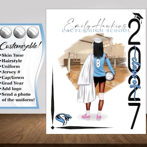 May include: Customizable volleyball-themed graduation art featuring a graduate in a blue jersey with the number 8, holding a volleyball. The artwork includes the text "Emily Hawking, Cactus High School" and "Class of 2017."