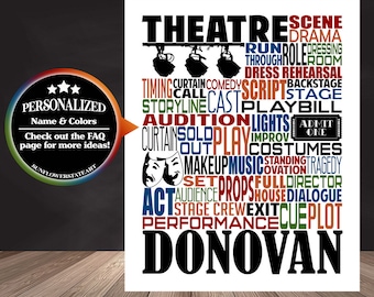 Theatre Poster, Theater Decor, Drama Teacher Gift, Gift for Theater, Opening Night Gift, Theater Nerd, Personalized Theatre