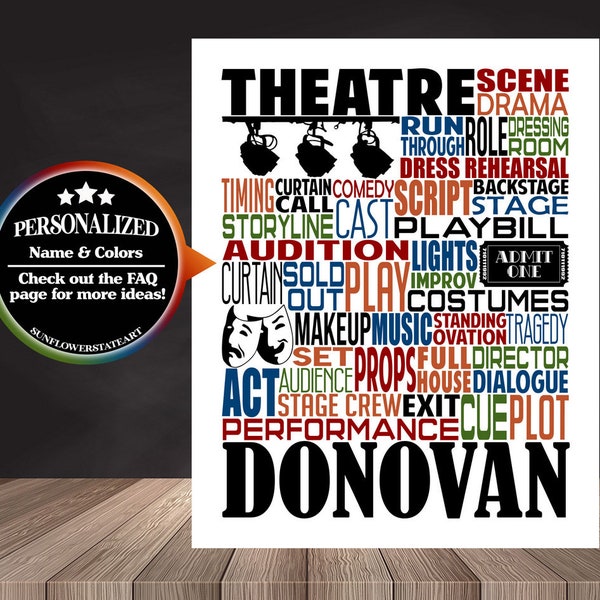 Personalized Theatre Poster, Theater Decor, Drama Teacher Gift, Gift for Theater, Opening Night Gift, Theater Nerd, Personalized Theatre