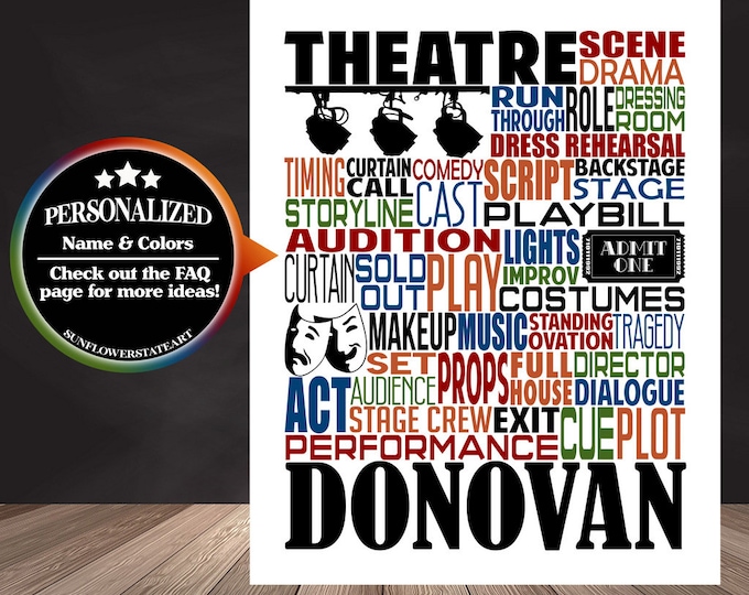 Personalized Theatre Poster, Theater Decor, Drama Teacher Gift, Gift for Theater, Opening Night Gift, Theater Nerd, Personalized Theatre