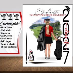 May include: Illustration of a graduate in a red shirt and black skirt holding a golf bag, with a golf course in the background. The text reads "Ella Acosta Youngstown State University" and "Class of 2027". A penguin wearing a graduation cap is also featured.