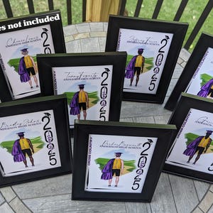 May include: A collection of framed graduation prints. Each black framed print features a graduate in a cap and gown, the year 2025, and the words "Cross Country" and the name of the school. The phrase "Frames not included" is at the top.