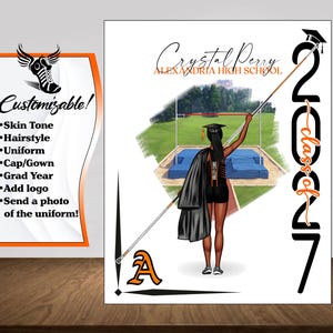 May include: Customizable graduation design featuring a graduate in a black cap and gown, holding a pole. The design includes the text "Class of 2027" and options for skin tone, hairstyle, uniform, and logo. The design is set against a backdrop of a track and field.