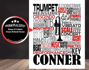 Personalized Trumpet Poster, Trumpet Typography, Gift for Trumpet Player, Band Teacher Gift, Band Typography, Marching Band Typography