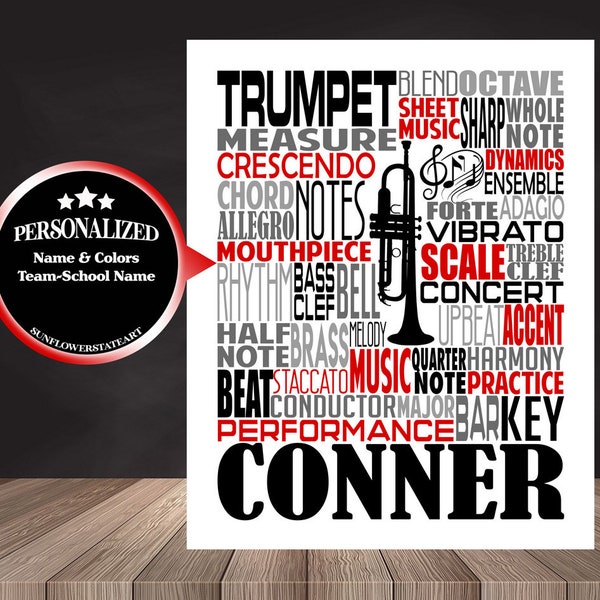 Personalized Trumpet Poster, Trumpet Typography, Gift for Trumpet Player, Band Teacher Gift, Band Typography, Marching Band Typography