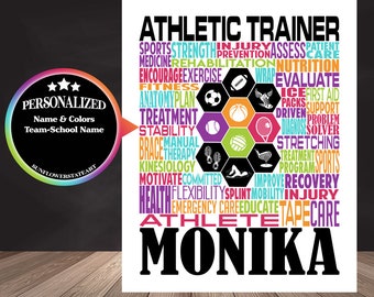 May include: A colorful word art print with the words "Athletic Trainer" and "Monika" in large black letters. The print features a variety of sports-related words and icons, including a basketball, soccer ball, and a baseball.